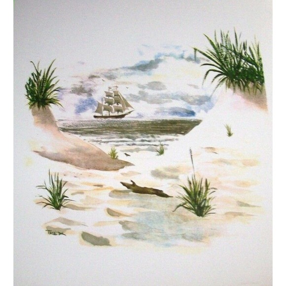Pirate Ship Art Print Distant Beach Sand Dune Seaside Seascape T Rex Nautical - Picture 8 of 8